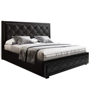 Artiss Tiyo Double Size Gas Lift Bed Frame, Black - PVC Leather, Storage, Scandinavian Tufted Headboard, 300kg Capacity