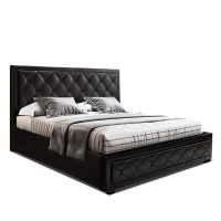 Artiss King Size Bed Frame, Black Tiyo – Gas Lift Storage, PVC Leather Upholstery, Tufted Headboard, Sturdy Wooden Base