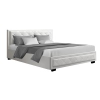 Artiss Tiyo King Size Gas Lift Bed Frame - White PVC Leather, Tufted Headboard, Ample Storage, 300kg Capacity