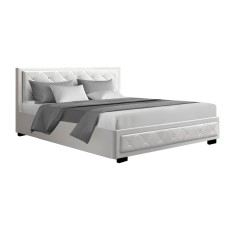 Artiss Tiyo King Size Gas Lift Bed Frame - White PVC Leather, Tufted Headboard, Ample Storage, 300kg Capacity