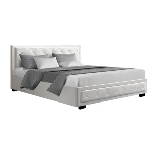 Artiss Tiyo King Size Gas Lift Bed Frame - White PVC Leather, Tufted Headboard, Ample Storage, 300kg Capacity