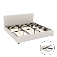Artiss Vila King Size Gas Lift Bed Frame Beige Linen Upholstered with Storage, Tufted Headboard, Sturdy Base