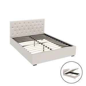 Artiss VILA Queen Size Bed Frame Gas Lift Storage Beige Linen Upholstered Tufted Headboard Wooden Slats 300kg