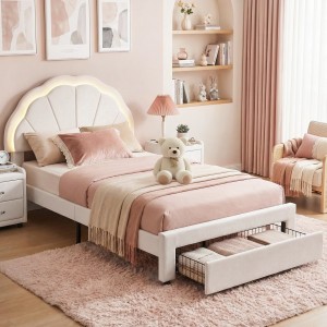 Artiss King Single Velvet Upholstered Bed Frame with LED Headboard and Underbed Drawer Storage 125x215cm