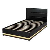Artiss LUMI King Single LED Gas Lift Bed Frame Black PVC Leather Upholstered Storage with Plush Headboard