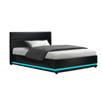 Artiss LUMI King Single Bed Frame Gas Lift Storage LED Lights PVC Leather Black Padded Headboard 16 Colours