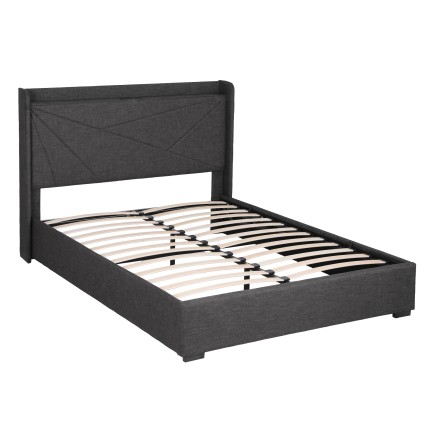 Artiss Double Gas Lift Storage Bed Frame Upholstered Geometric Headboard Charcoal Grey with Charging Ports
