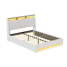 Artiss Sunset Double Bed Frame Gas Lift Storage White PVC Leather with LED Headboard, 16 Colours, 300kg Capacity