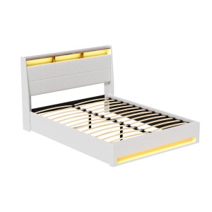 Artiss Sunset Double Bed Frame Gas Lift Storage White PVC Leather with LED Headboard, 16 Colours, 300kg Capacity