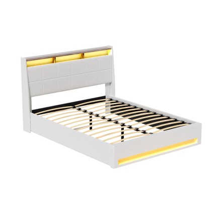 Artiss Sunset Double Bed Frame Gas Lift Storage White PVC Leather with LED Headboard, 16 Colours, 300kg Capacity