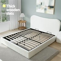 Artiss Queen Bed Frame with Gaslift Storage, Bouclé Upholstered, Pine Wood Platform, Padded Headboard, Beige White