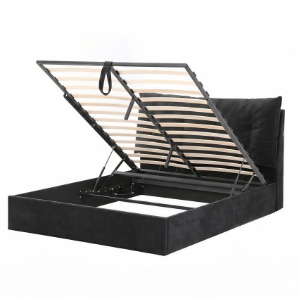 Artiss Queen Horizontal Gas Lift Bed Frame Black Velvet with LED and USB Type‑C Charging Station 164x228cm