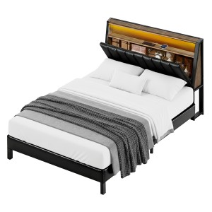 Artiss JINA Double Bed Frame: Black PU Leather, LED Headboard, Storage & Charging Ports, Fits 137x190cm Mattress