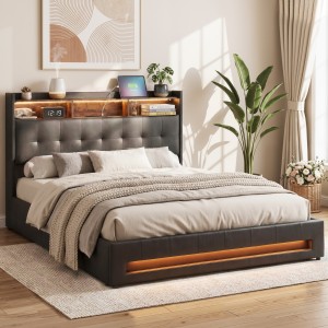 Artiss Queen Bed Frame Gas Lift Storage LED Lights Integrated USB Type C Charging Station PU Leather