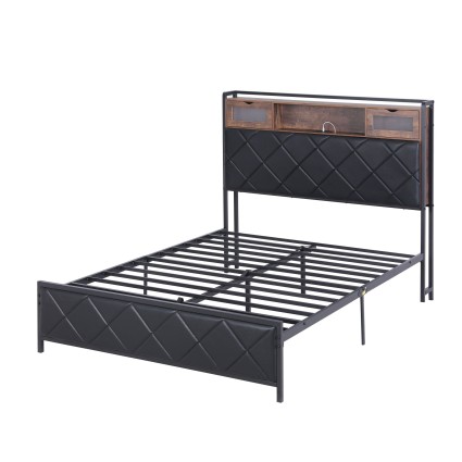 Artiss Double PU Leather Bed Frame with LED Headboard Storage and USB AC Charging Station 138x212cm 300kg