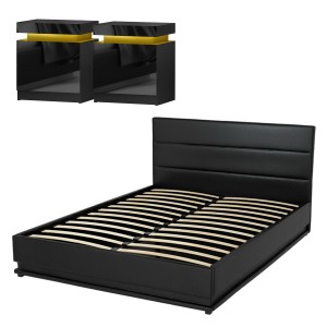 Artiss Queen Bed Frame Set with 16-Colour RGB LED, Gas-Lift Storage, PVC Leather, Includes 2 High-Gloss Bedside Tables