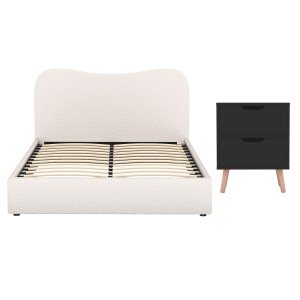 Artiss Bouclé Beige Double Bed Frame & Black Nightstand Set with Padded Headboard, Wooden Slats & Easy Assembly
