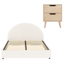 Artiss Queen Gas Lift Bed Frame with Bouclé Upholstery & Bedside Table Set, Pine Wood, 300kg Support, Beige/Black