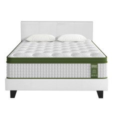Artiss White Double Bed Frame with PVC Leather Headboard & BedStory Hybrid Mattress Bundle - Medium-Firm Support