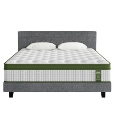 Artiss BedStory King Bed Frame Set with Medium-Firm Hybrid Mattress - Faux Linen Grey, Solid Wood & Motion Isolation