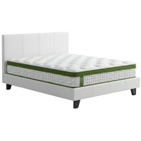 Bedstory Artiss Double Bed Frame in White PVC Leather with Padded Headboard & Hybrid Pocket Coil Mattress, Medium Firm