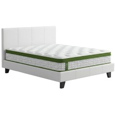 Bedstory Artiss Double Bed Frame in White PVC Leather with Padded Headboard & Hybrid Pocket Coil Mattress, Medium Firm