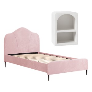 Artiss King Single Velvet Storage Bed Frame with Plush Headboard & White Bedside Table, Pink, 180kg Capacity