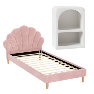 Artiss ROSY King Single Bed Frame & Bedside Table Set - Pink Velvet Scallop Headboard, Wood Frame, E1 MDF Storage