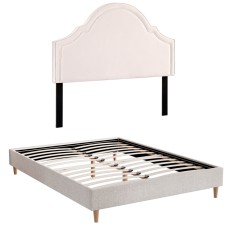Artiss Queen Bed Frame with Scalloped Velvet Headboard, Faux Linen Upholstery, Storage, Wood Base, Beige, 300kg Capacity