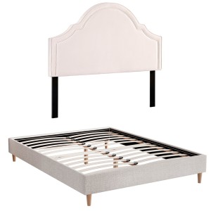 Artiss Queen Bed Frame with Scalloped Velvet Headboard, Faux Linen Upholstery, Storage, Wood Base, Beige, 300kg Capacity