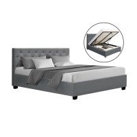 Artiss Vila Queen Gas Lift Bed Frame Grey Upholstered Faux Linen Tufted Headboard Underbed Storage 203x153cm