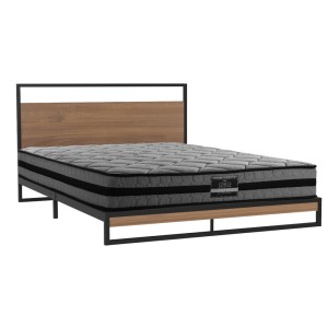 Artiss Dane Double Size Metal Bed Frame with Wood Accents and Pocket Spring Mattress, Industrial Platform Design
