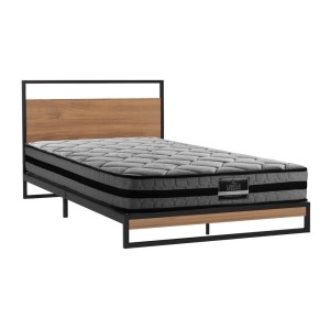Artiss Metal Bed Frame Single Size with Mattress, Industrial Steel and Wood Platform, Pocket Spring Support, Black