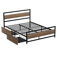 Artiss DREW Double Metal Bed Frame with Two Underbed Drawers Walnut Headboard Industrial Style 196x139cm