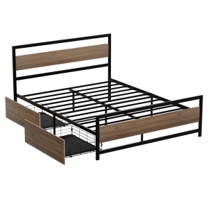 Artiss DREW Double Metal Bed Frame with Two Underbed Drawers Walnut Headboard Industrial Style 196x139cm