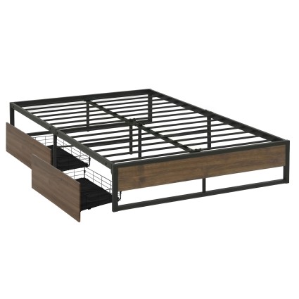 Artiss Oslo Double Metal Bed Frame with Two Underbed Drawers Industrial Black Steel and Dark Wood Finish