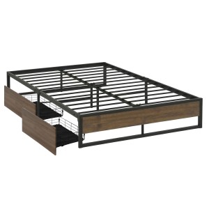 Artiss Oslo Queen Metal Bed Frame with 2 Underbed Drawers Black and Dark Wood Industrial Design Strong Slats 300kg
