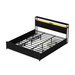Artiss King Size Metal Bed Frame with Storage, LED Lights, Charging Station & 4 Drawers – Modern All-in-One Solution