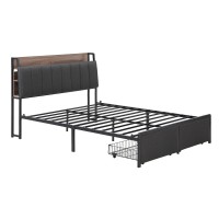 Artiss Double Size Metal Bed Frame with 2-Tier Storage & Charging Station, Grey Faux Linen, Steel Slats, 300kg Capacity