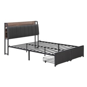 Artiss Double Size Metal Bed Frame with 2-Tier Storage & Charging Station, Grey Faux Linen, Steel Slats, 300kg Capacity