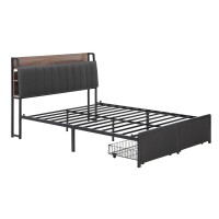 Artiss King Size Metal Bed Frame with 2-Tier Storage & Charging Station, Faux Linen Upholstery, Steel Slats, Oak/Grey