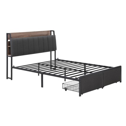 Artiss Queen Metal Bed Frame, Grey Faux Linen, with 2-Tier Hidden Storage, Charging Station, & Padded Headboard