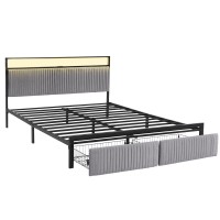 Artiss King Velvet Metal Bed Frame with LED Headboard USB Type C Charging and 2 Drawers Black 203x183cm