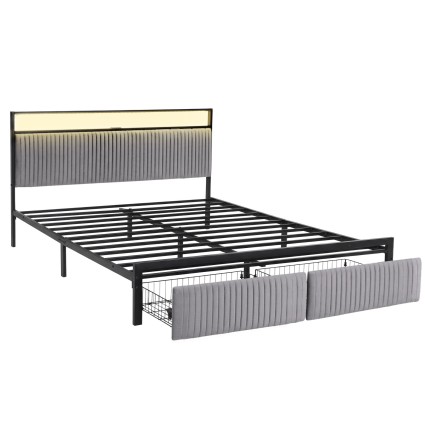 Artiss King Velvet Metal Bed Frame with LED Headboard USB Type C Charging and 2 Drawers Black 203x183cm