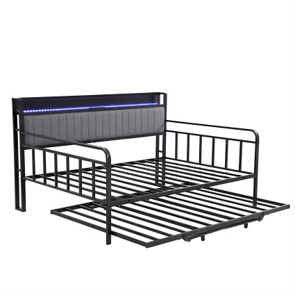Artiss King Single LED Metal Trundle Daybed with Charging Station Padded Headboard Black 213x123cm Bed Frame