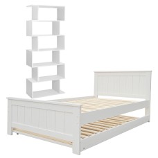 Artiss King Single Pine Wood Trundle Bed & White S-Shape 6-Tier Display Shelf Set - Space-Saving Style & Functionality