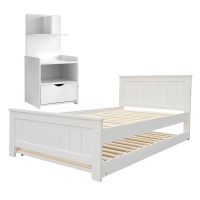Artiss King Single Trundle Bed Frame & Bedside Table Set - Solid Pine Wood, White Finish, Space-Saving with Storage