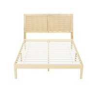 Artiss BRUNO Double Size Wooden Bed Frame with Rattan Headboard, Solid Pine, Strong Slats, 300kg Capacity
