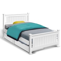 Artiss Rio Single Bed Frame with 2 Drawers, Pine Wood, White Finish, Strong Timber Slats, Eco-Friendly Paint