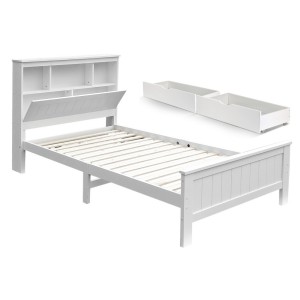 Artiss King Single Wooden Bed Frame Pine Timber with 2 Storage Drawers, Headboard Shelves, White, Kids/Adults